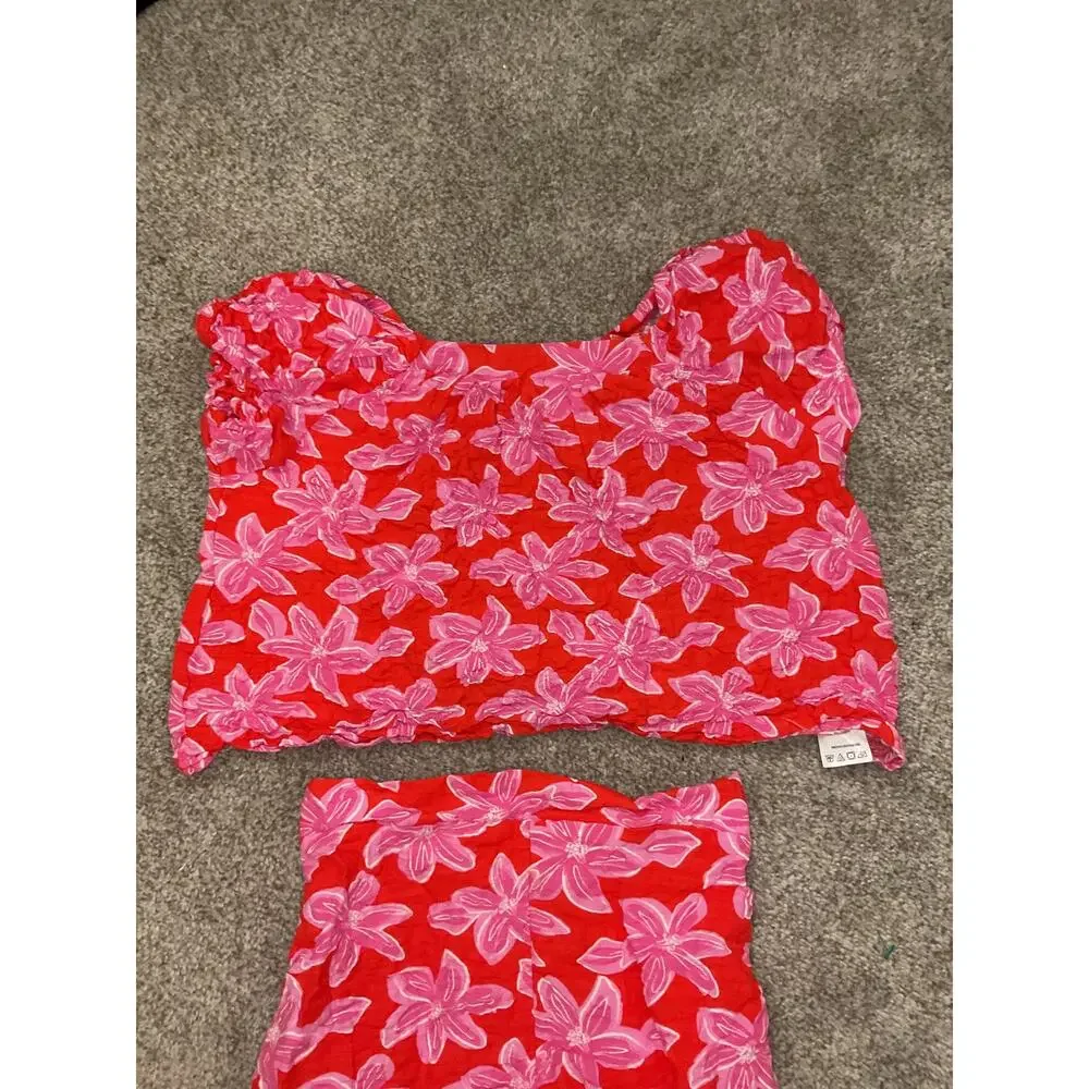 Tahari Girls 2 Piece Floral Short Set Pink Orange Cotton Summer Outfit, 8